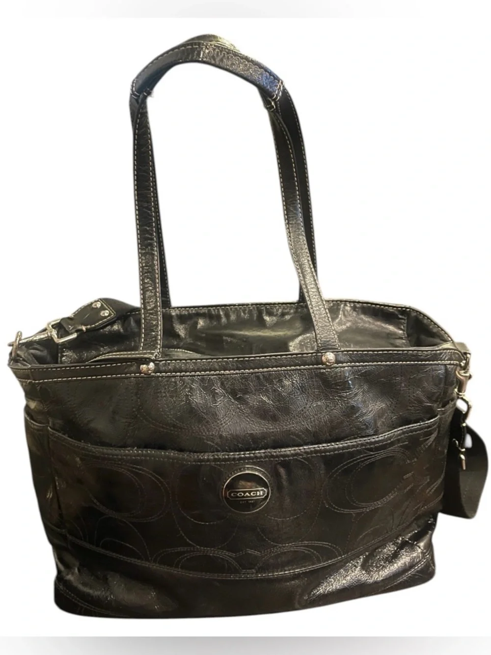 Coach Tote Diaper Bag Work Multifunction Signature C Black Patent Leather